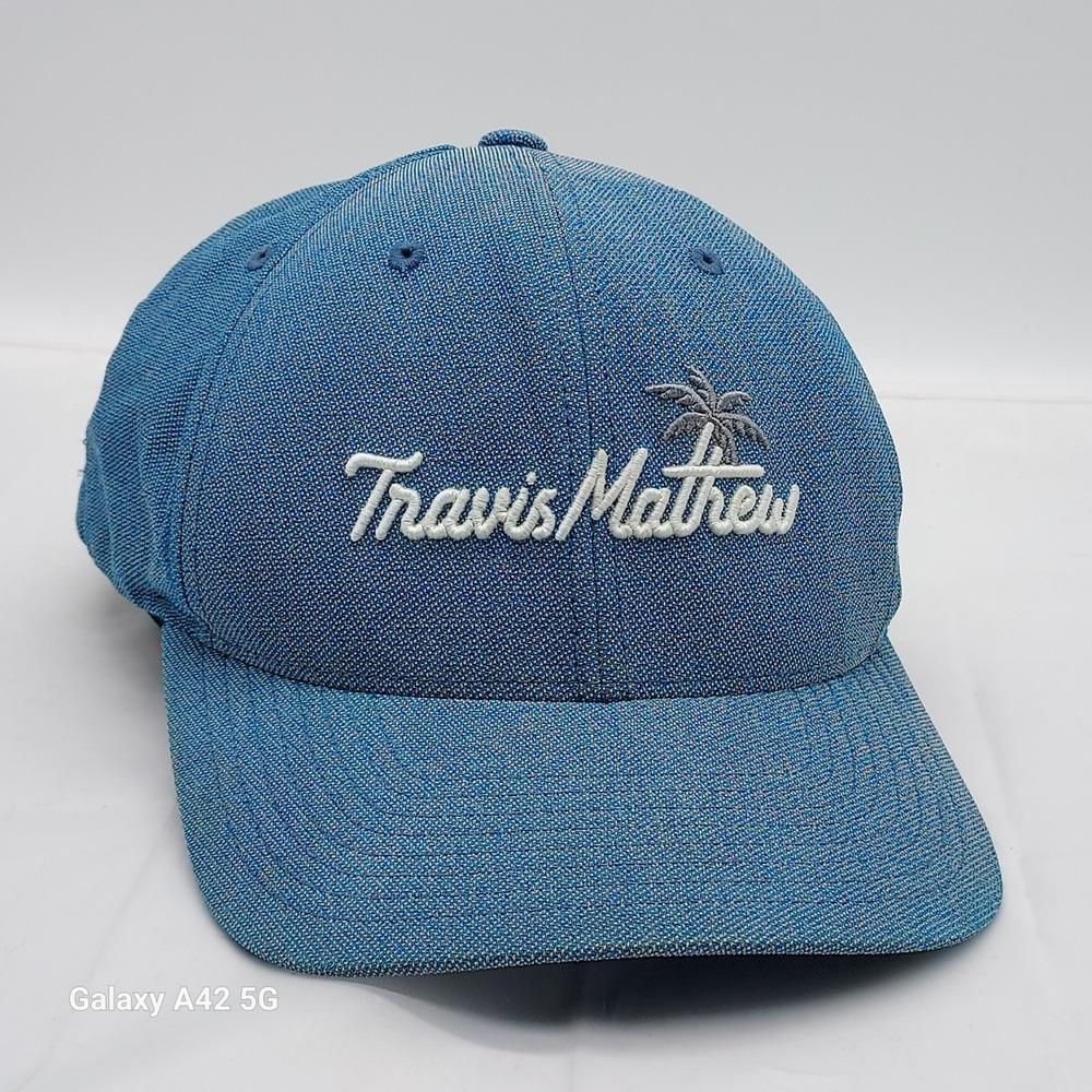 TravisMathew Blue Textured Snapback Hat Palm Tree Logo Golf Baseball Cap Mens